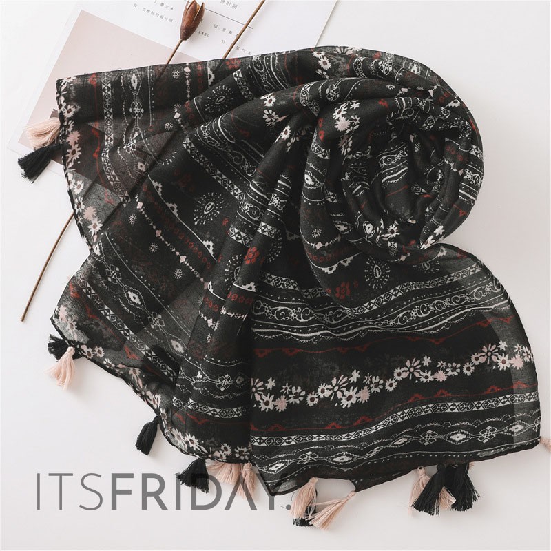 ITSFRIDAY AZURA Scarf  - Premium Pashmina Shawl Selendang Syal Pasmina Hijab Import Motif Oat Black Tassel