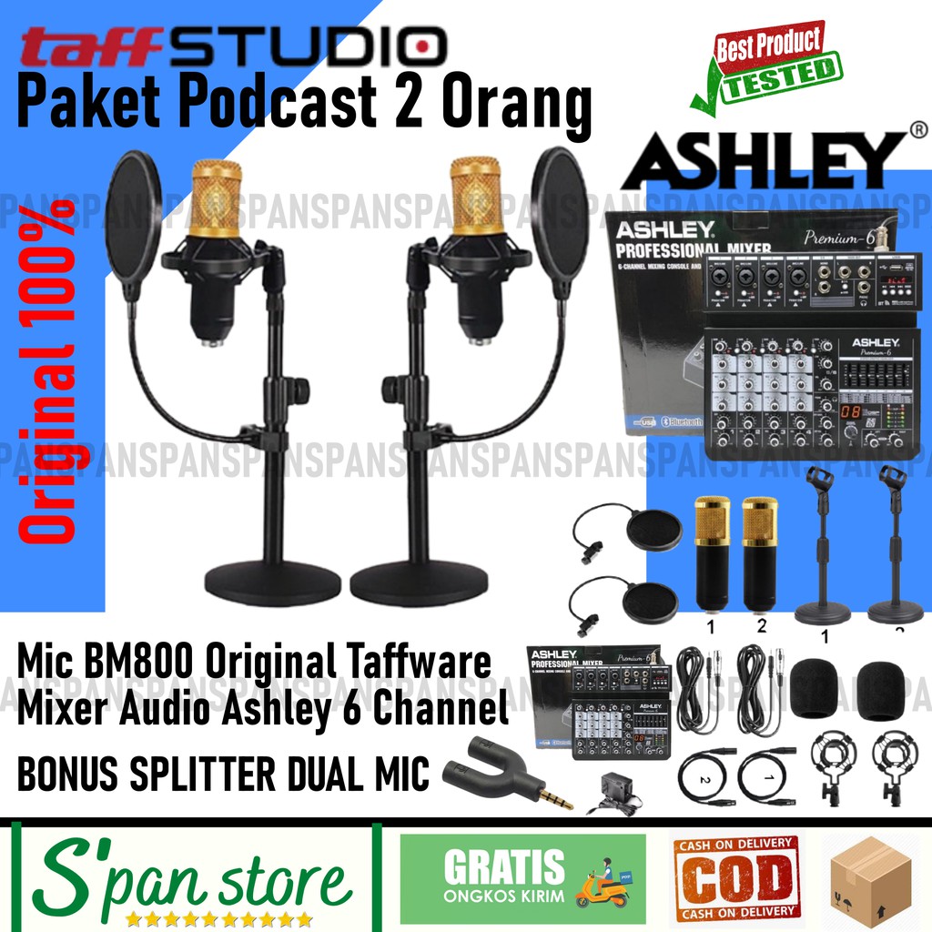 Paket Podcast 2 Orang Mixer Ashley Premium 6, Mic BM, Stand,Pop Filter