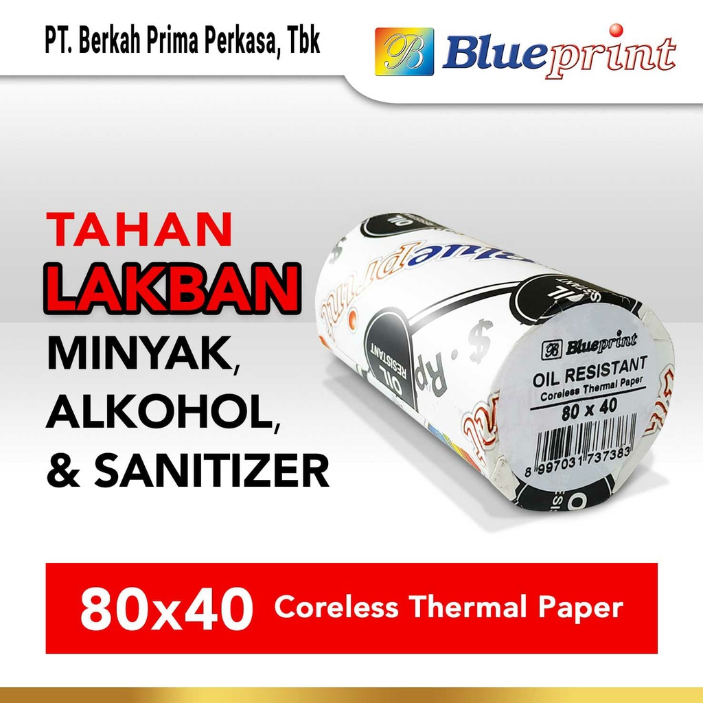 

Thermal Oil Resistant BLUEPRINT Kertas Struk TAHAN LAKBAN 80 x 40 , 80x40 mm - 1 Roll
