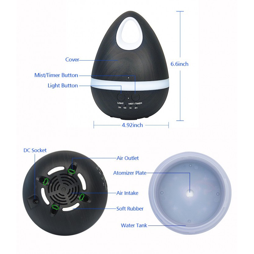 H21 Wooden Egg Air Diffuser Humidifier 7 LED Light Kapasitas 200ml - Black