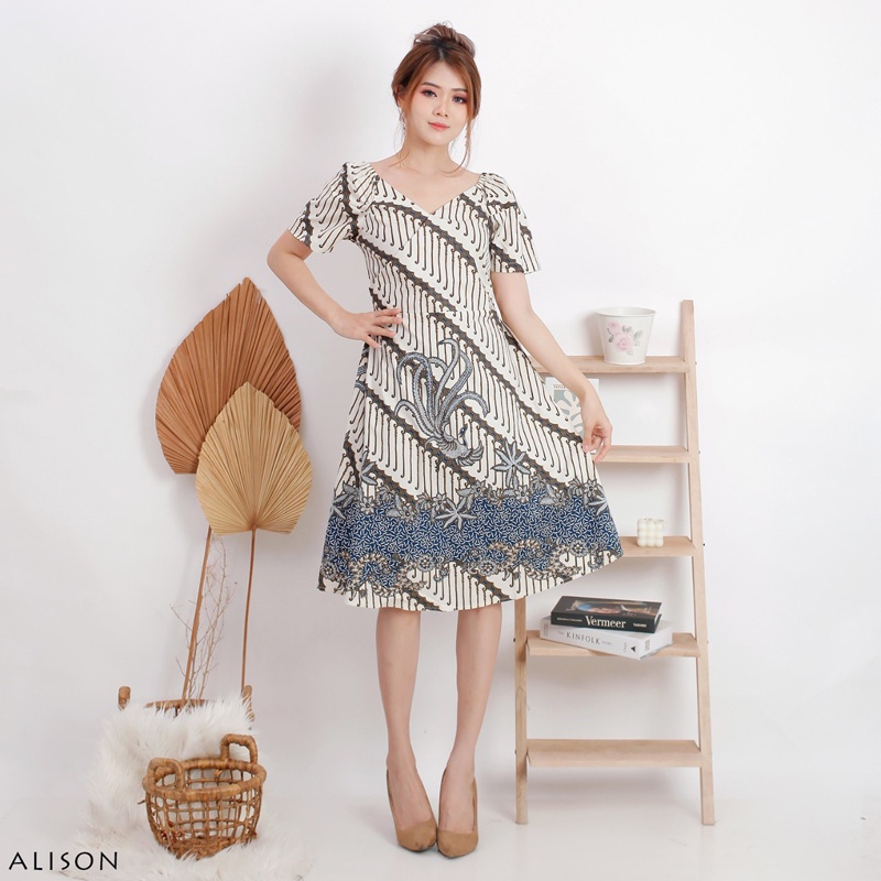 Evercloth Alison Dress Batik Wanita Sabrina Dress Wanita Batik Modern Gaun Pesta Aline Terusan