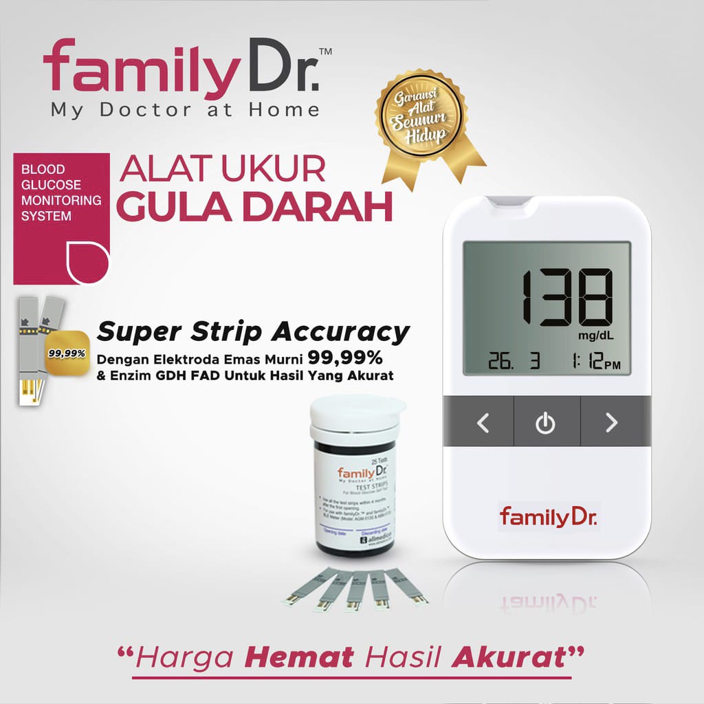 FAMILY DR ALAT CEK GULA DARAH + 25 PCS STRIP TEST GULA DARAH / BLOOD GLUCOSE MONITORING SYSTEM AGM-513S + 25 PCS TEST STRIP FOR BLOOD GLUCOSE - (FREE POUCH)