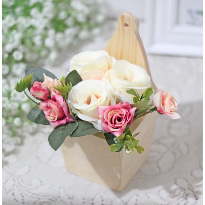 POT KAYU wood dinding wall KECIL bunga plastik artificial hias