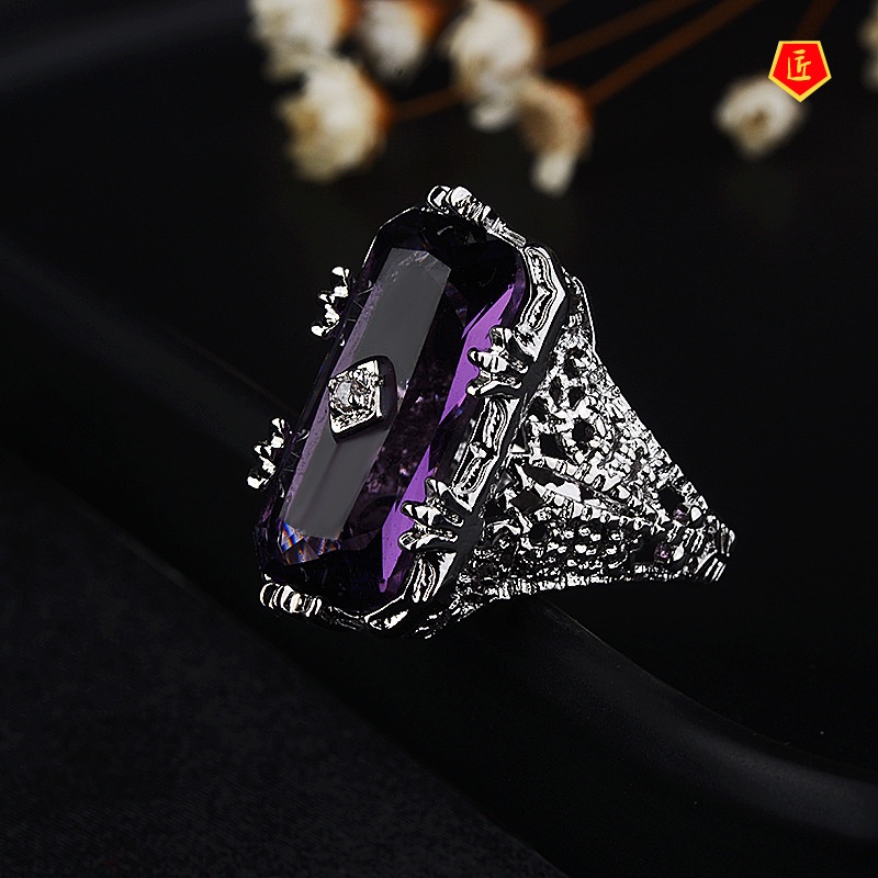 [Ready Stock]Personality Vintage Inlaid Chamfered Rectangular Amethyst Ring