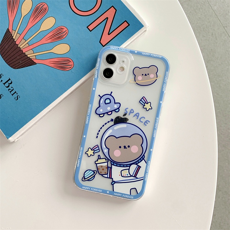 IPHONE Kartun Lucu Milk Tea Space Bear Transparan Phone Case Cover Untuk Iphone6 6s 78 PLUS X XR XS 11 12 13 PRO MAX SE 2020