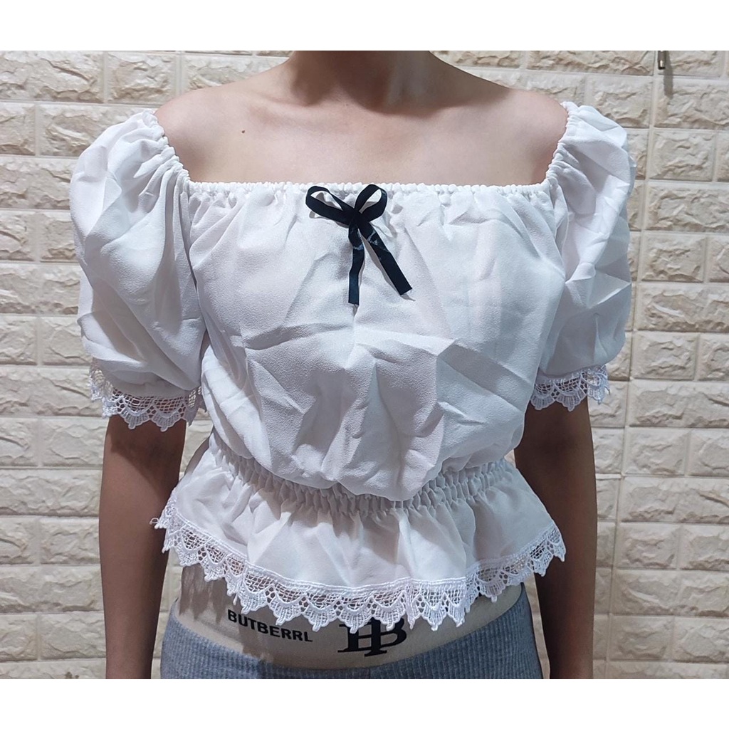 Sabrina Kerut Wanita / Blouse Korean Style / Sabrina Kerut Korean / Blouse Sabrina Mix Renda Terbaru-6