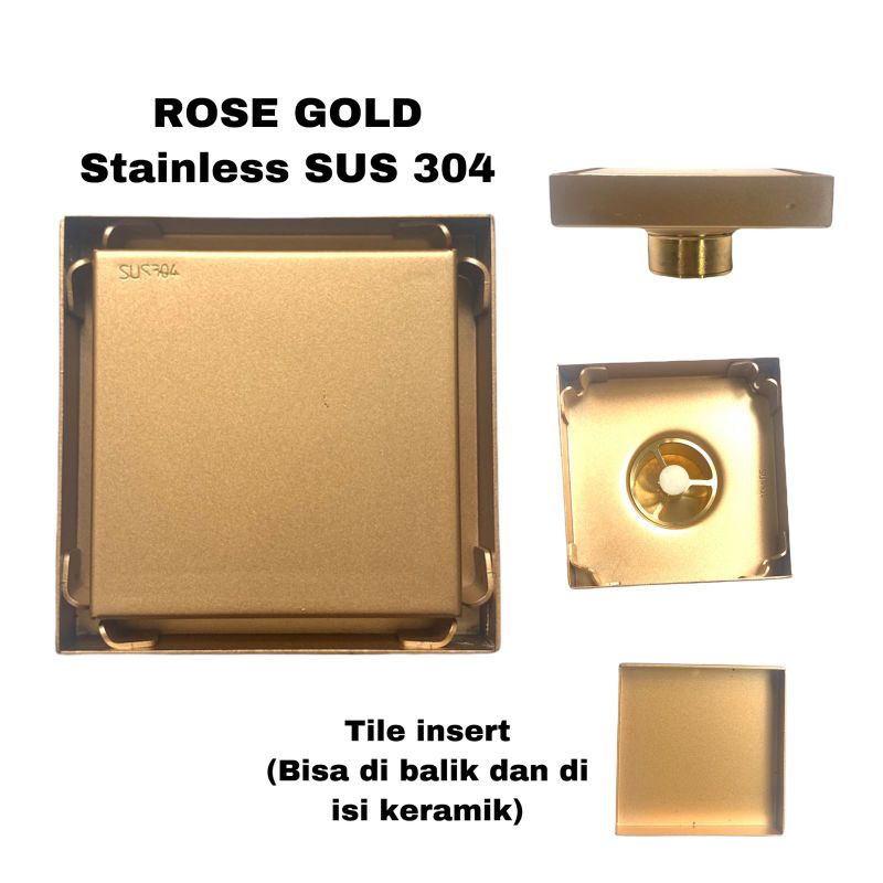 Smart Floor Drain ROSE GOLD Tile insert anti serangga bau dan banjir Stainless SUS 304