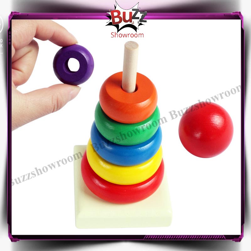 Rainbow Tower Ring Donat Pelangi Kayu Mainan Anak Bayi Montessori Wooden