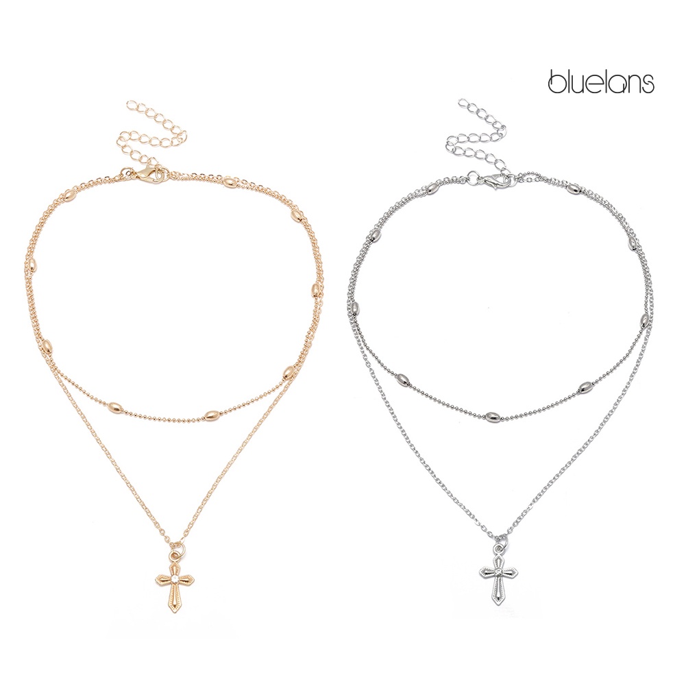 Bluelans Kalung Choker Double Layer Dengan Liontin Salib Untuk Wanita