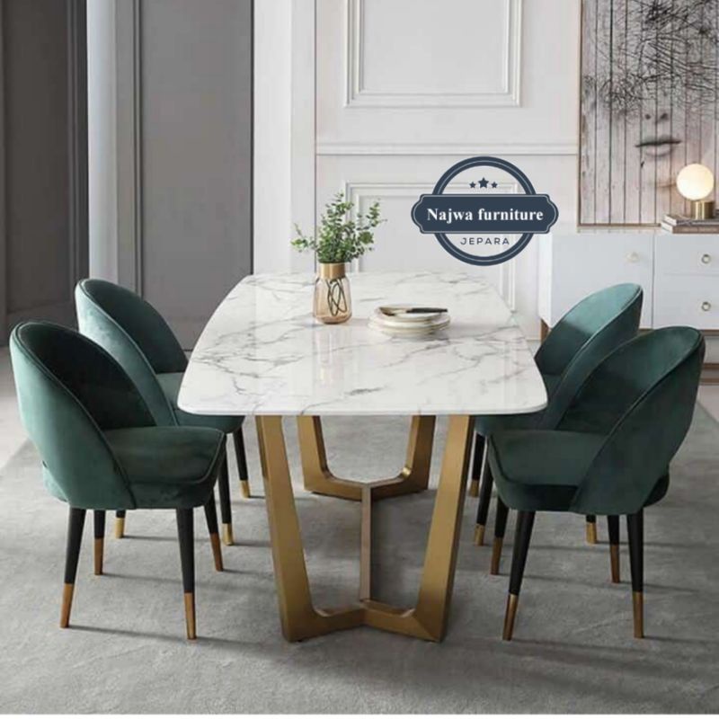 MEJA MAKAN MARMER SET KURSI FURNITURE JEPARA