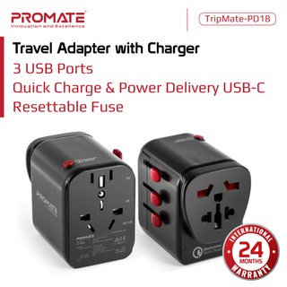 Promate Travel Adapter Charger 3 USB Ports - TripMate-PD18 Type C Quick Charge Adaptor Fast Charging
