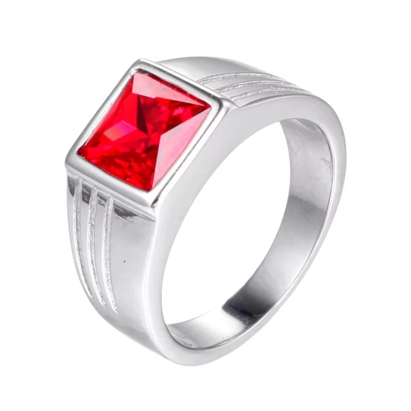 Cincin Batu Red Ruby Blue Safir Yellow Yakut Green Zamrud Cubic Zirconia Ring Real Titanium Steel