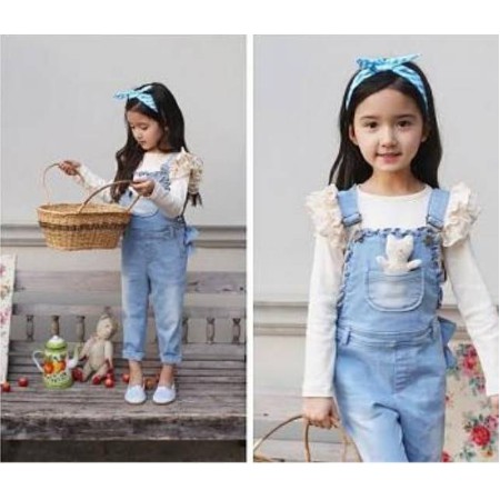 BAJU SETELAN ANAK PEREMPUAN SET 2IN1 FISH KID BAHAN KATUN + OVERAL COMBED US UMUR 3-5