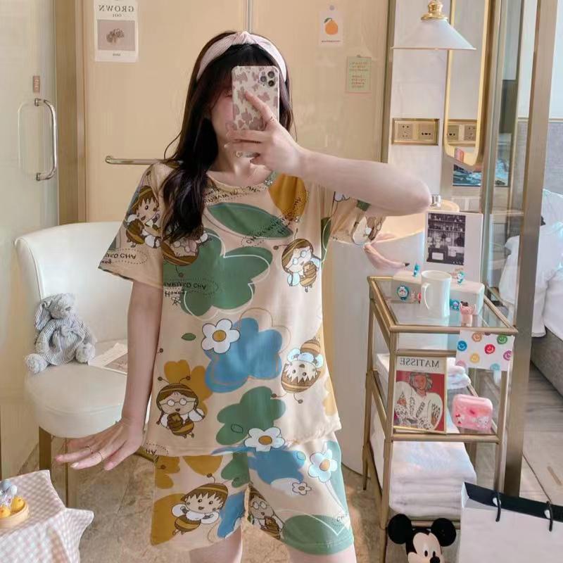 Piyama Baju Tidur Import Wanita Fashion Sleepwear Spandex Stelan Rumah Baju Santai Celana Pendek z-HP-Maruko Bee Coklat