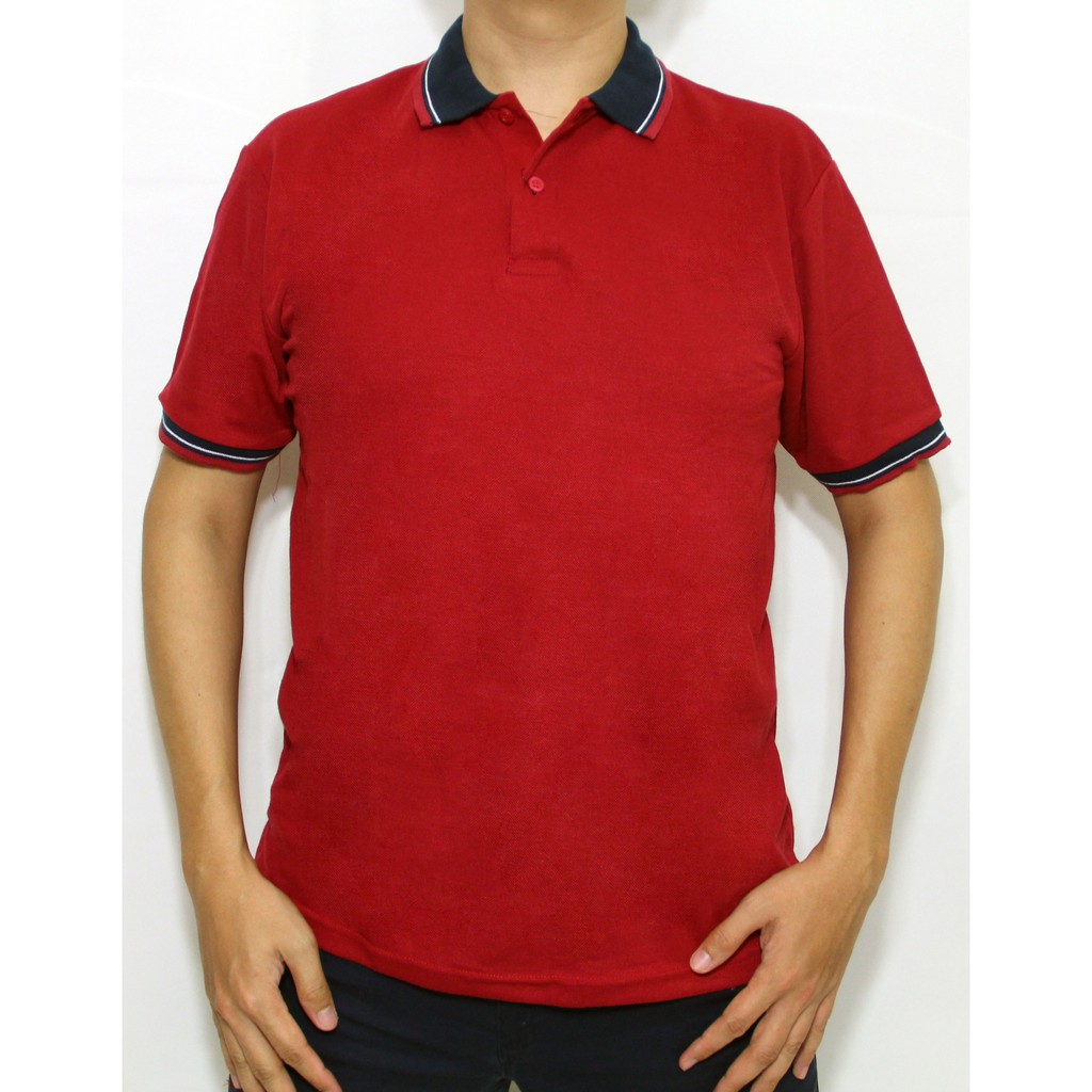 Kaos Polo Pria Warna Merah Marun Model Kerah Navy Lis Merah Putih - STB17