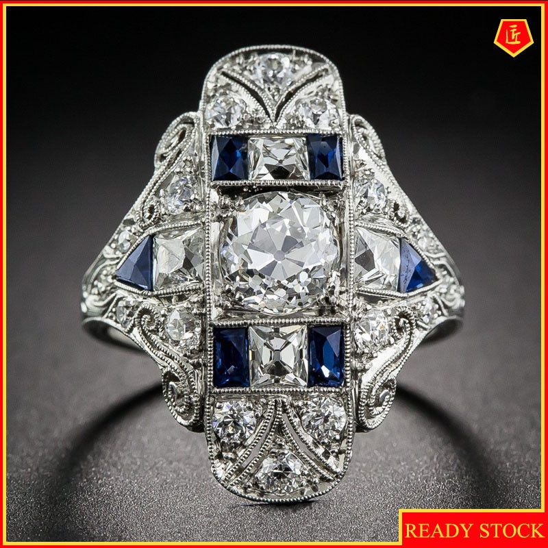 [Ready Stock]Luxury Topaz Sapphire Hollow Pattern Ring