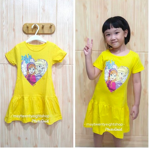 Dress Anak Elsa Disney Frozen Kuning / Dress Katun Anak / Baju Rok Anak Frozen Elsa / Dress Frozen
