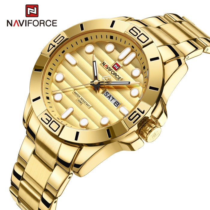 Promo Naviforce 9198 Jam Tangan Pria Analog Tanggal Hari Stainless Original - Gold