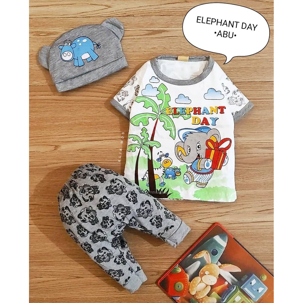 Setelan Baju Bayi Laki - Laki 0-6 Bulan Atasan dan Celana Joger Motif Elephant Day Free Topi