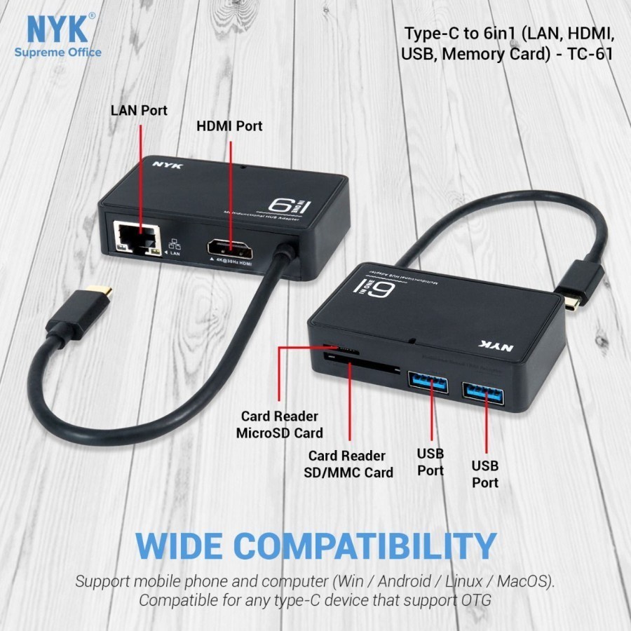 NYK TC-61 Type C To 6 in 1 LAN + HDTV + USB 3.0 2 Port + Card Reader / Converter TYPE C To HDTV LAN USB 3.0