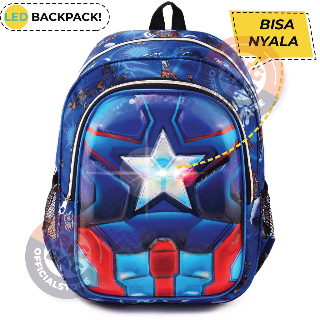 RTM - RANSEL LED SD 4D - IMPORT BEST QUALITY RANSEL SUPER HERO SHIELD BOBOIBOY / SUPERHERO / SQ GAME TAS RANSEL FF NYALA - RANSEL EMBOSS CRACK - RANSEL SEKOLAH