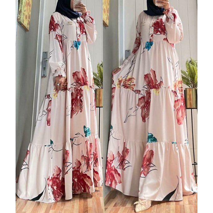 Flower Maxy, GAMIS MOTIF BUNGA CANTIK FIT XXL BAHAN SHAKILA IMPORT LD 110 KANCING BUSUI TERMURAH OOTD