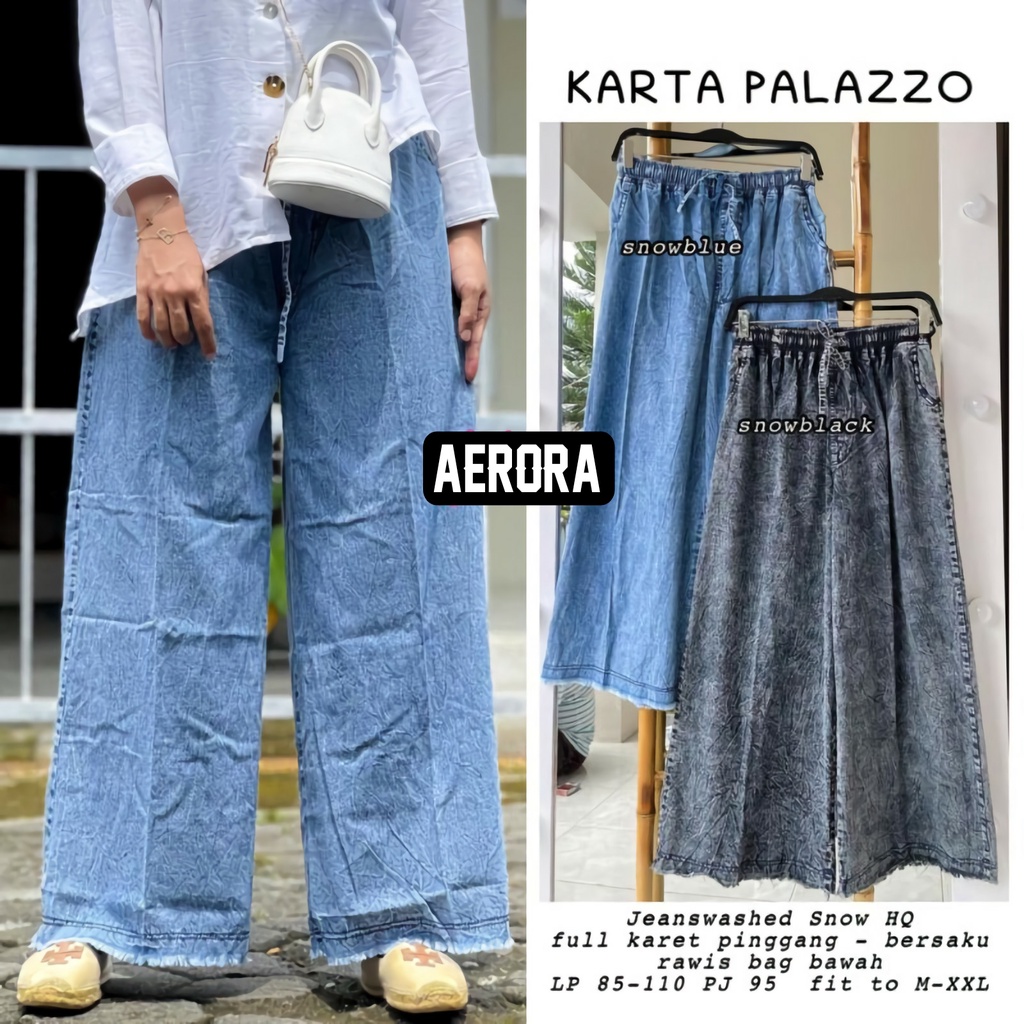 Celana Panjang Boyfriend Jeans Kulot Wanita Jumbo Palazzo High Waist Bawah Rawis Pinggang Karet Kekinian Lp 85-105 P 95 Allsize