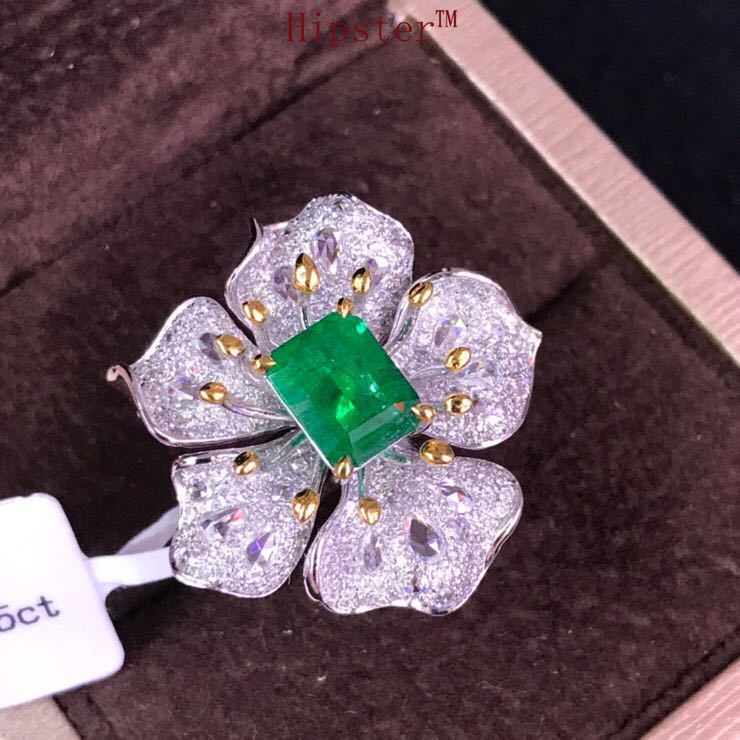 Advanced Custom Luxury Micro-Inlaid Diamond Natural Emerald Flower Adjustable Ring