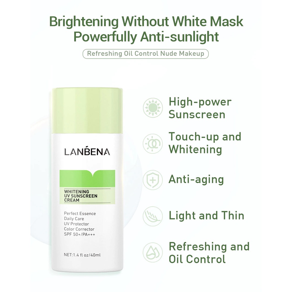 [BPOM] LANBENA Whitening UV Susncreen Cream Green - Menyamarkan (40ml) - unscreen Cream UV Whitening Green Sunscreen Face Body Sun Protection SPF50 + Daily Care Moisturizer