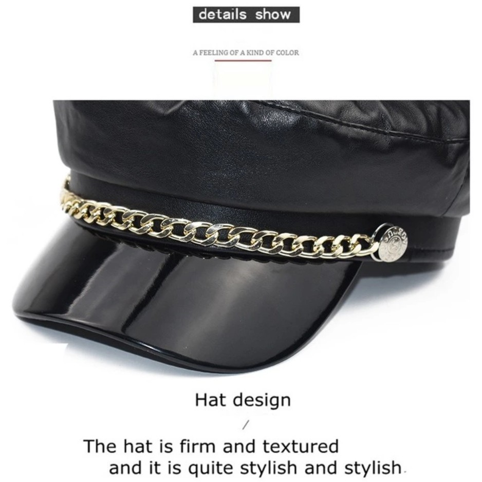 Topi Baret Kulit Fashion Korean Punk Rock Rantai Leather Hat Sailor Fisherman Captain Laut
