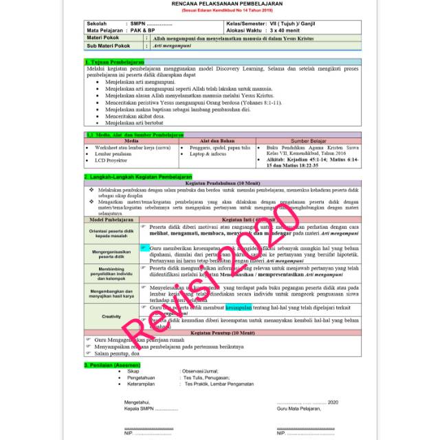 RPP AGAMA KRISTEN KELAS 7, SE KEMDIKBUD