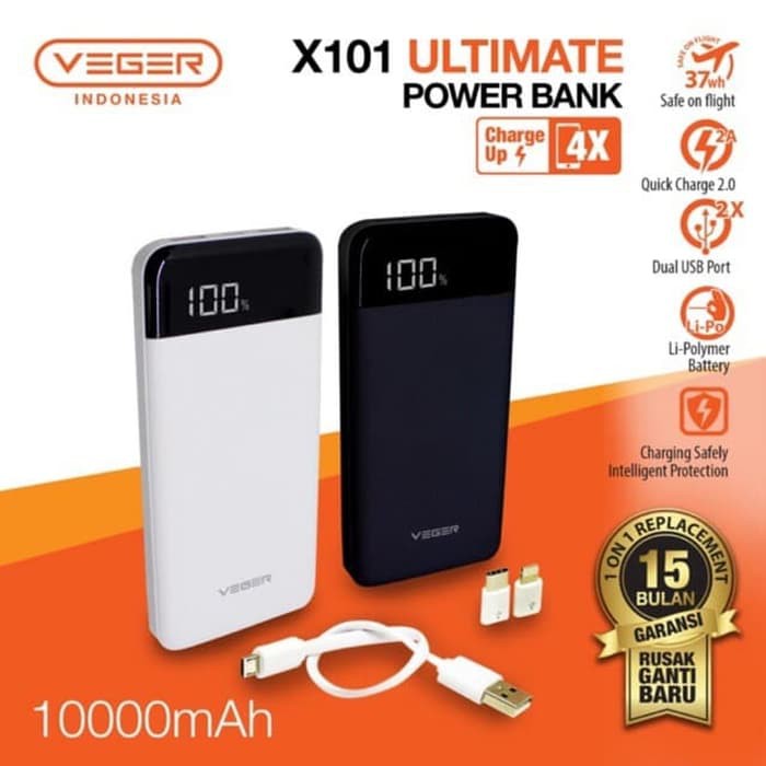 Powerbank VEGER X101 Ultimate LED 10000 mAh Dual Output dan Input