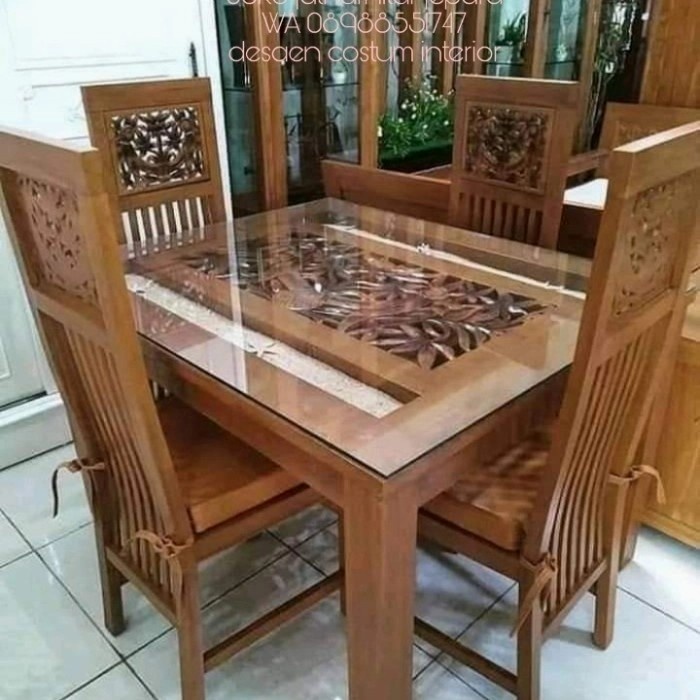 meja makan kayu jati ukir kursi 4 + kaca
