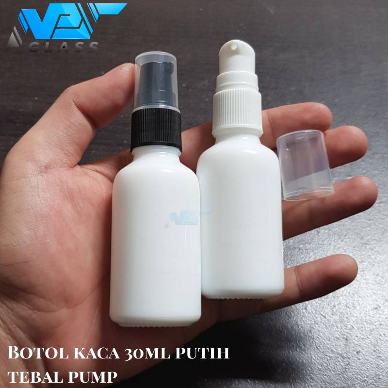 botol kaca 30ml pump / botol kaca 30ml putih treatment pump