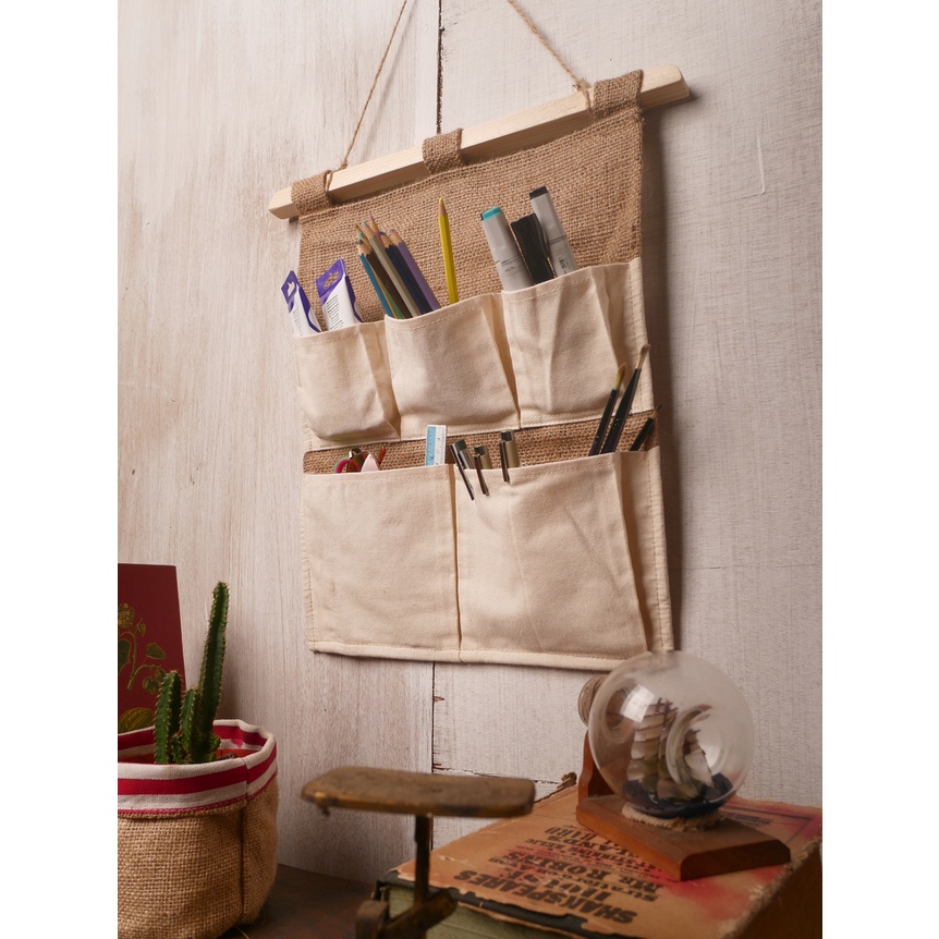 Pajangan Dinding Aesthetic Wall Pocket Goni Canvas 5 Saku Dekorasi Dinding Storage Bag Organizer Pouch Gantung Rustic Style Hanger