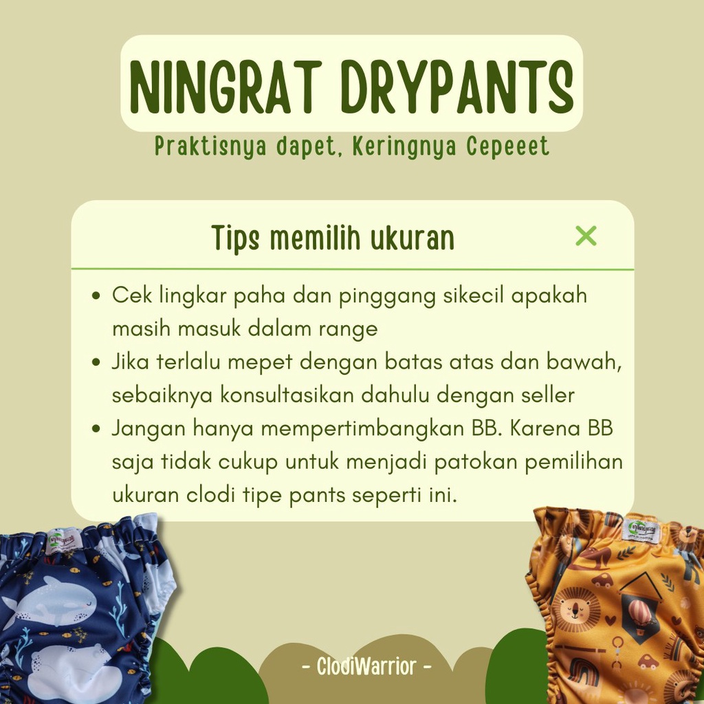 Ningrat DRYPANT Clodi Cepat Kering Popok Kain Bayi Cuci Ulang Model Celana Ukuran reguler  jumbo SNI