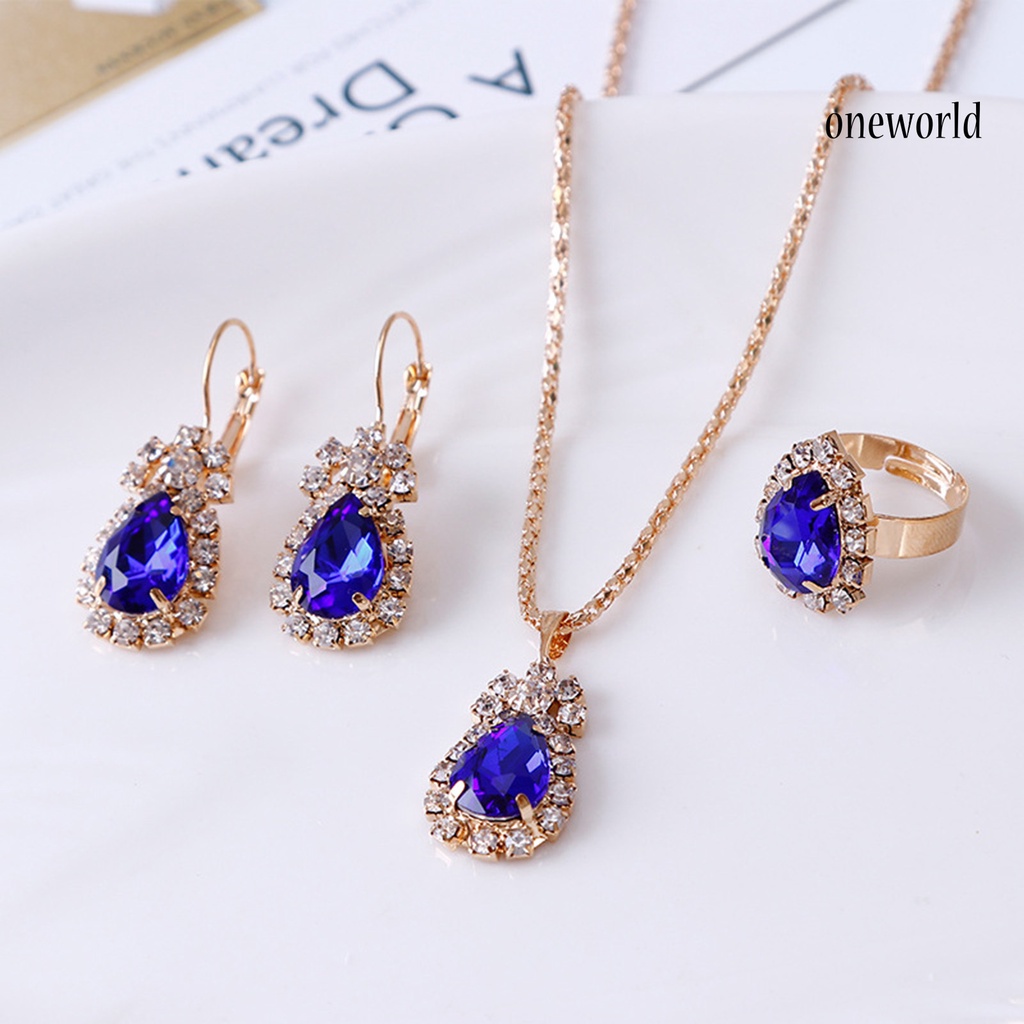 OW@ 3Pcs/Set Women Water Drop Bright Alloy Rhinestone Pendant Necklace Earrings Ring Jewelry Set for Valentine Day