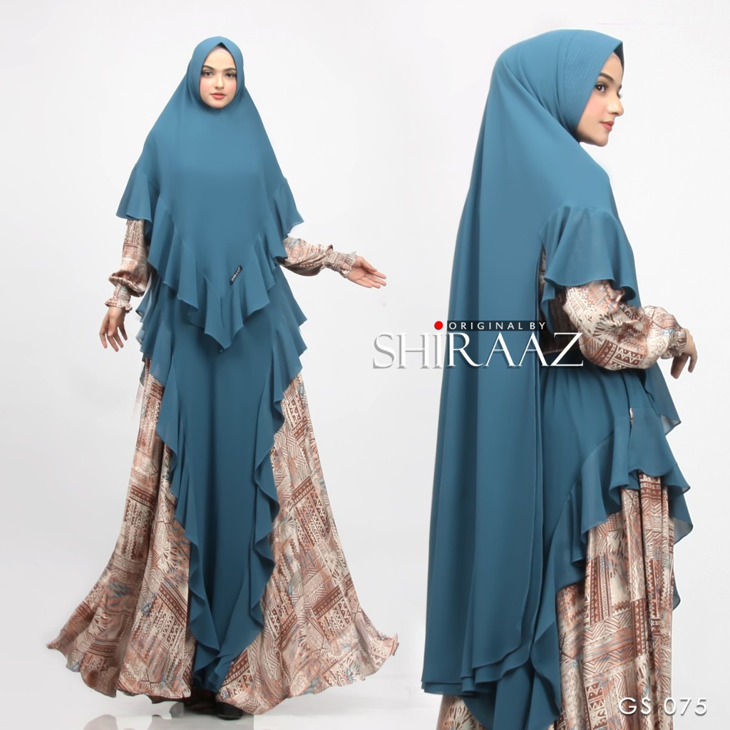 GS-075 by Shiraaz  Gamis Syari Set Khimar Polos Kombinasi Motif Premium Elegant Anggun Busui ORI Bra