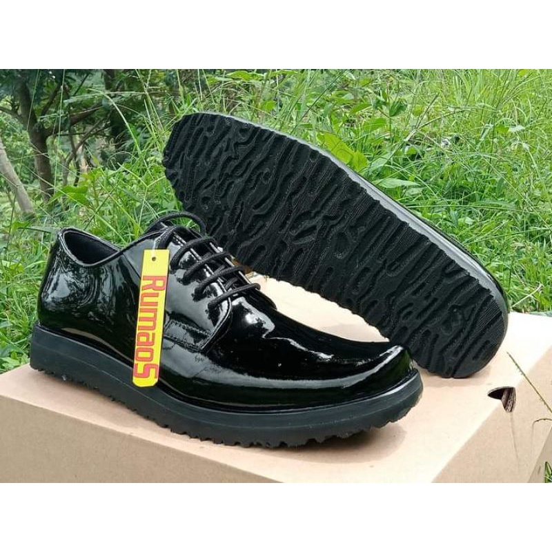 Rumaos sol datar sepatu PDH/kantoran/dinas TNI POLRI SECURITY SATPAM KULIT SAPI ASLI hitam kilap