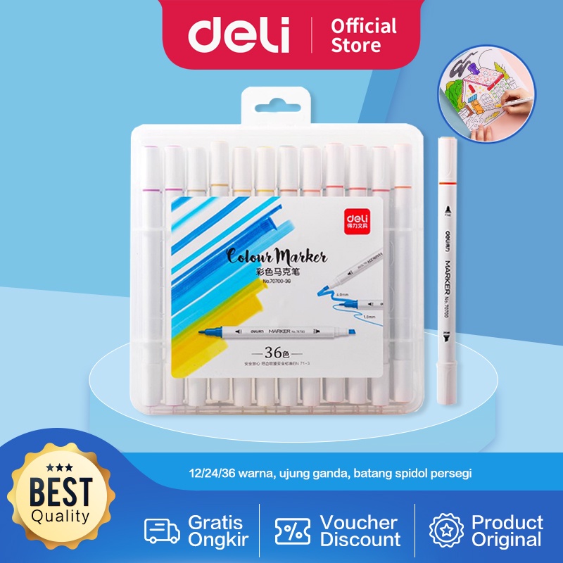 

Deli spidol desain profesional 12/24/36 warna ujung ganda 70700