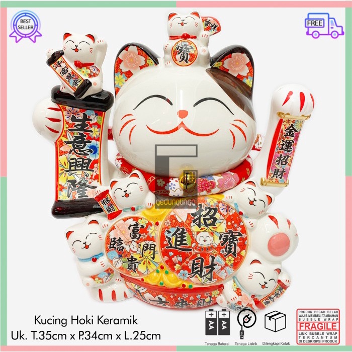 Pajangan Patung Hiasan Boneka Dekorasi Kucing Bawa Panggil Rejeki Rezeki Hoki Maneki Neko Maneko Neki ManekiNeko Lucky Cat Keberuntungan Keramik Baterai Batrai Batre Listrik Tangan Goyang Gerak Meja Etalase Toko Resto Cafe Cina China Jepang Jumbo Besar XL