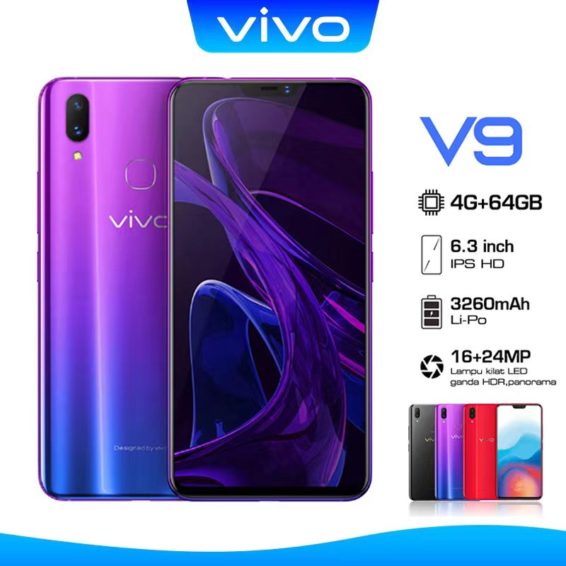 【Pengiriman lokal】VIVO V9 RAM 4+64GB hp murah baru Android Smartphone HD 6.3Inci LCD layar penuh sidik jari MAIN CAMERA 24MP+16MP Baterai 3260mAh kualitas bagus 500ribuan 1jtaan 4G handphone promo cuci gudang garansi satu tahun bisa cod