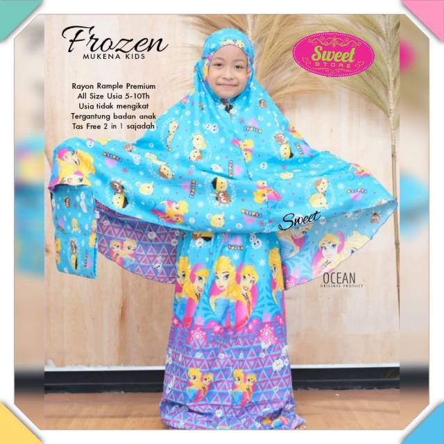 Mukena anak super cantik FROZEN fab rayon rample premium  free baq dan sajadah