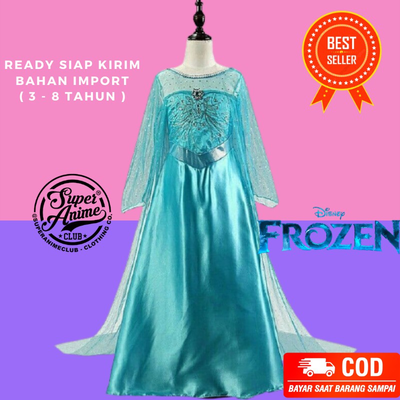 Kostum Anak Princess Elsa Frozen Gaun Dress Perempuan Biru Toska Cosplay Ulang Tahun Import