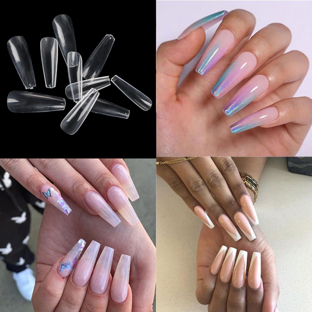 Mxbeauty Kuku Palsu Tips Tajam Akrilik French DIY Nail Art Kepala Rata Bening Peti Mati Stiletto Kuku Palsu