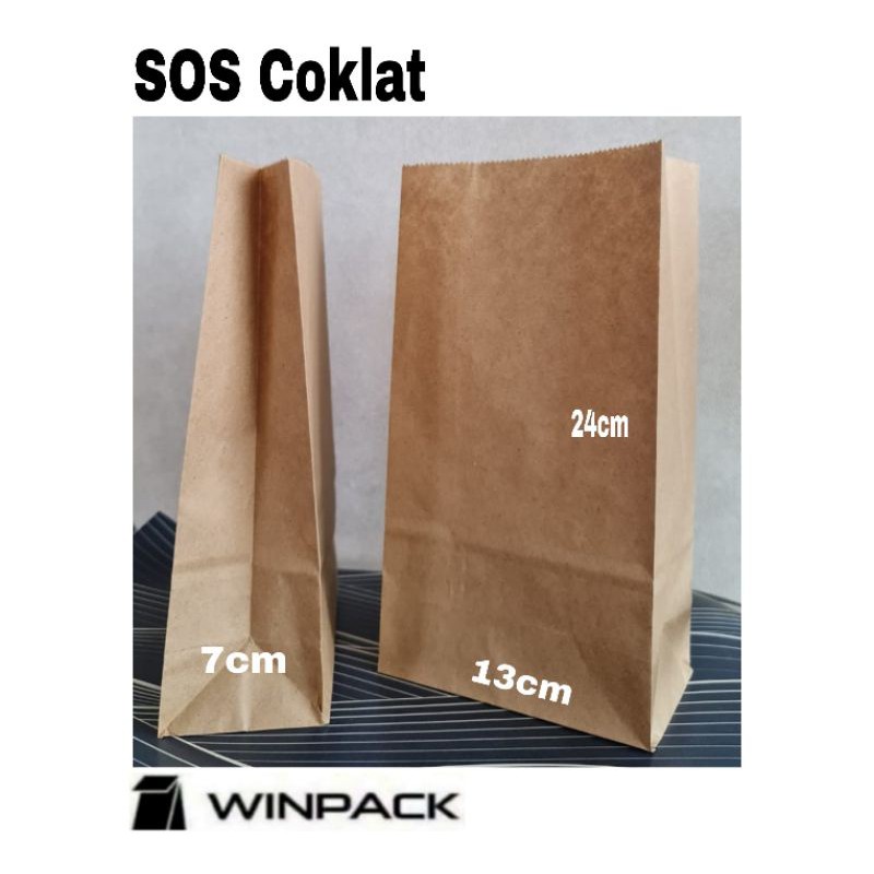 Jual Kantong Kertas Coklat SOS Berdiri untuk Packing 13 x 24 x 7cm