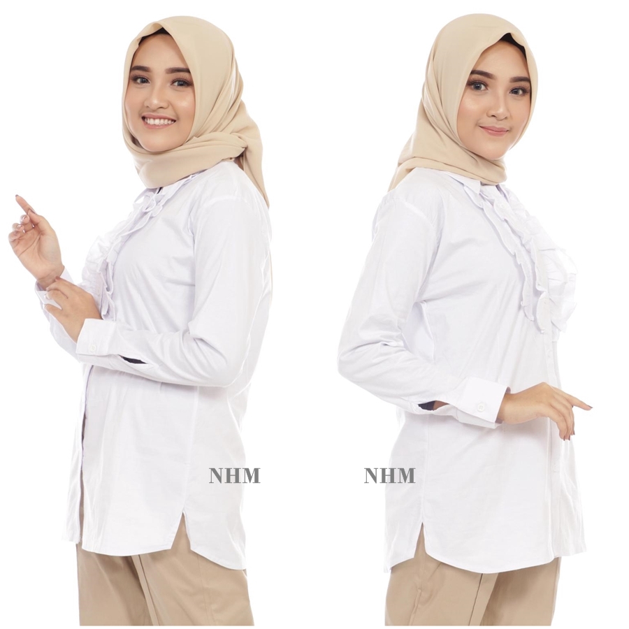 NHM Kemeja Putih Polos Rempel Dada Wanita Baju Kantor