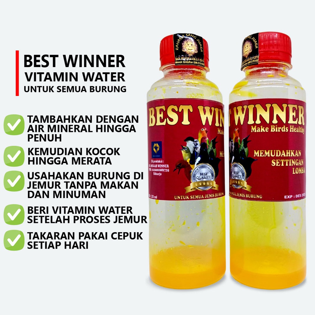 BEST WINNER | VITAMIN WATER MINUMAN MULTIVITAMIN UNTUK SEMUA JENIS BURUNG PLECI SOGON KOLIBRI MURAI KACER KENARI LOVEBIRD