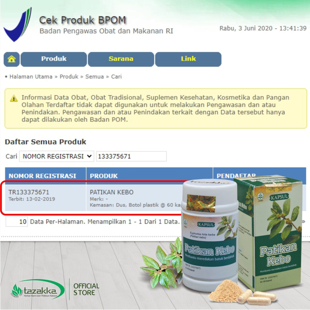 Obat Batu Berdahak | Obat Bronkitis | Obat Herbal PATIKAN KEBO Tazakka isi 60 Kapsul | HALAL BPOM