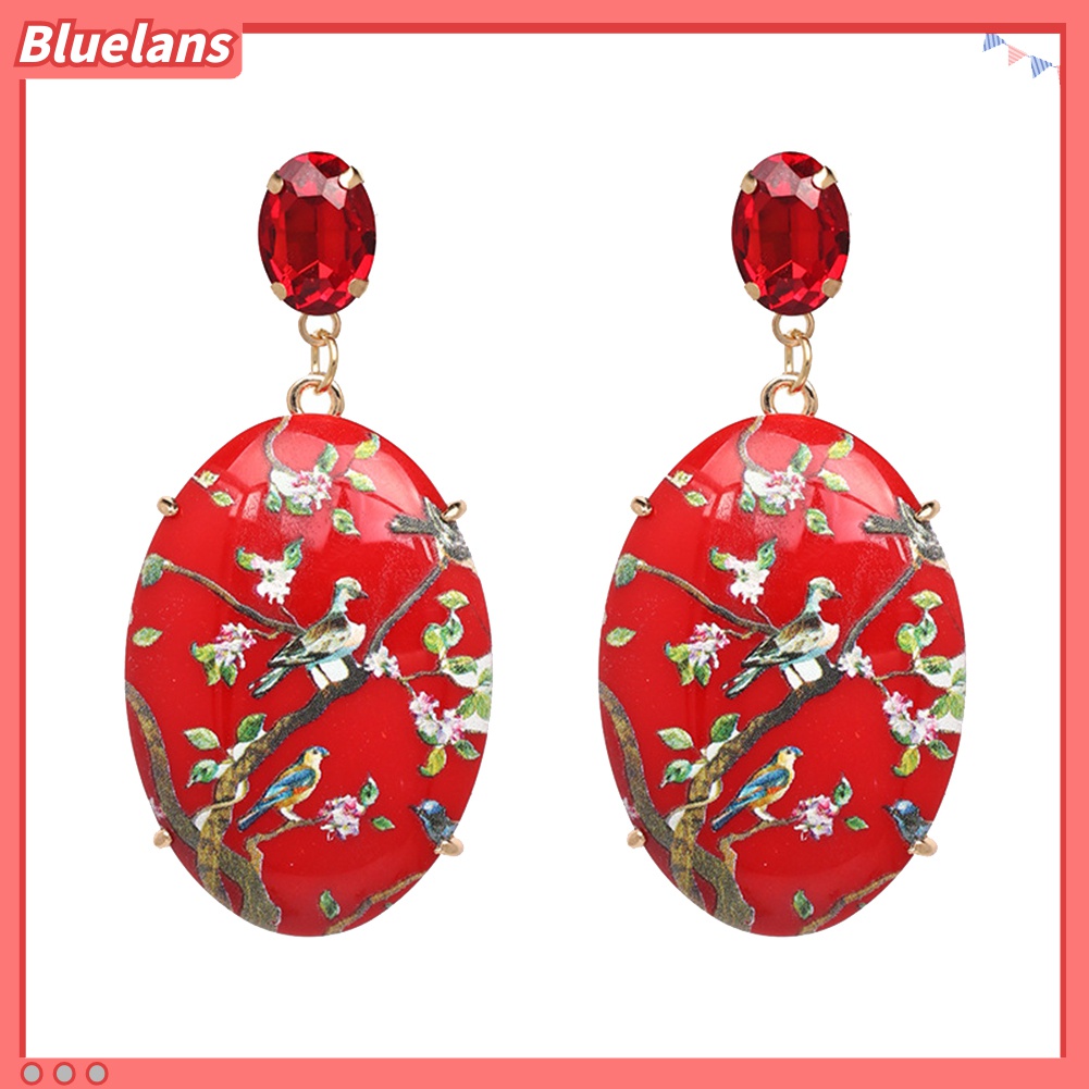 Anting Juntai Bentuk Oval Motif Bunga Dan Burung Bahan Resin Gaya Vintage Untuk Wanita